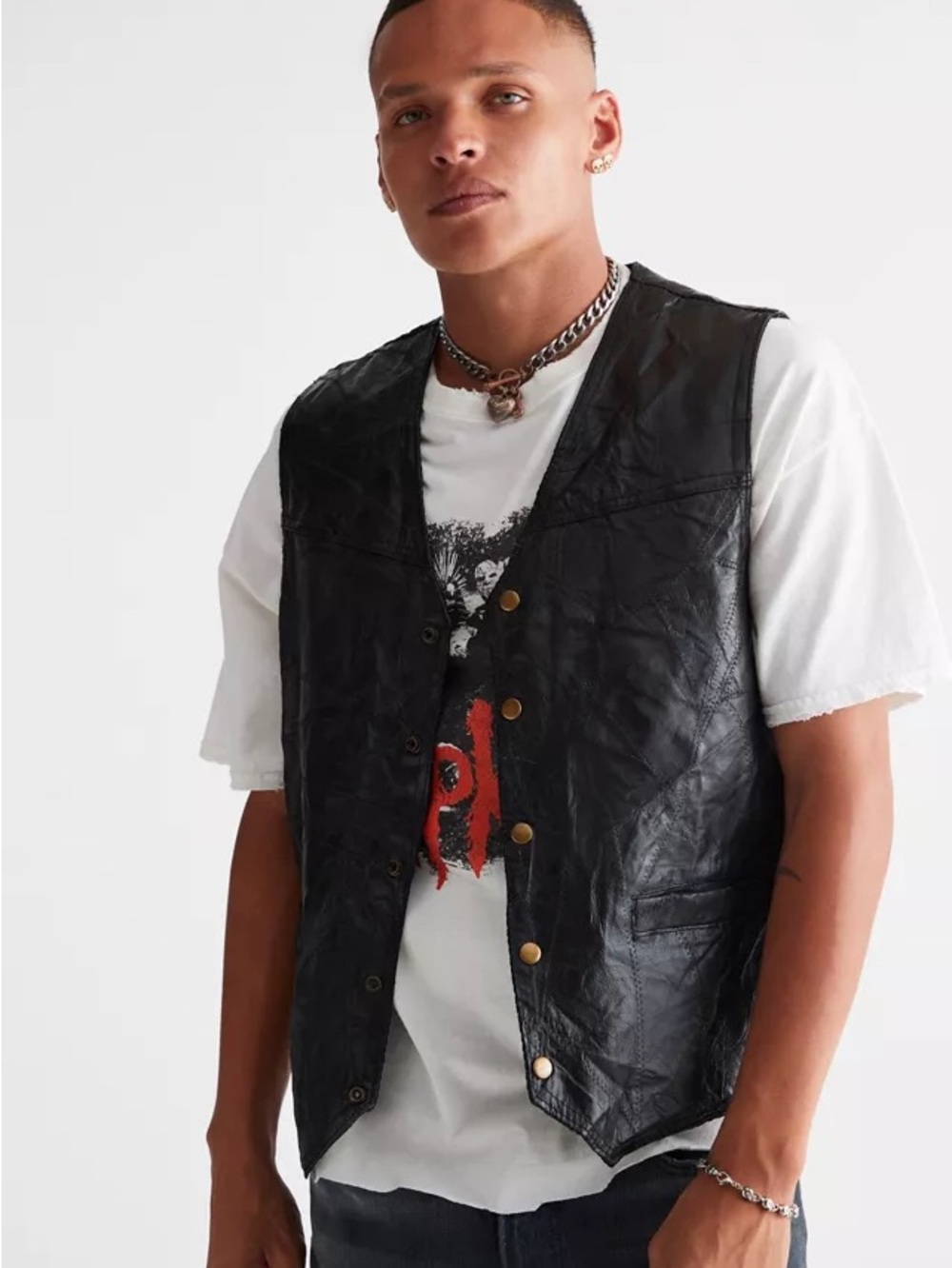 Genuine leather M Black Men's Button-Front Vest